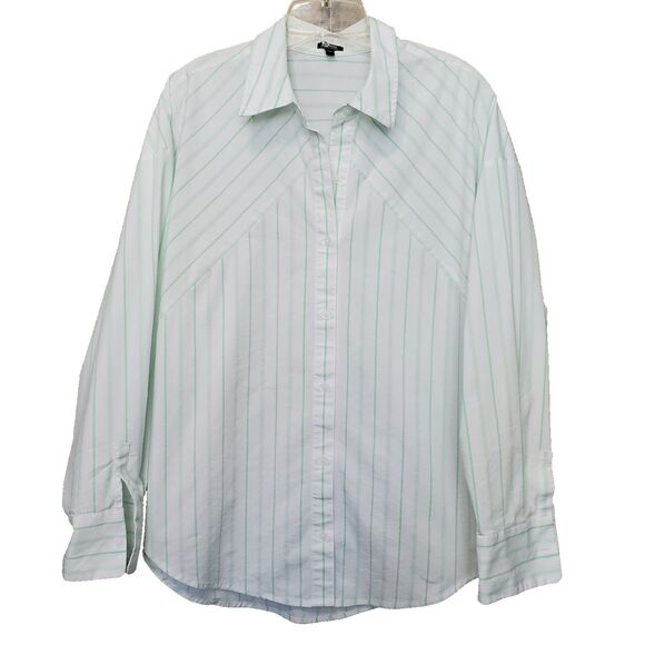 Express Boyfriend Portofino White Green Striped Cotton Blend Button-Up Tunic LGE - Picture 1 of 7